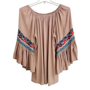 Turquoise Haven Tan Embroidered Bell Sleeve Off The Shoulder Boho Blouse Large
